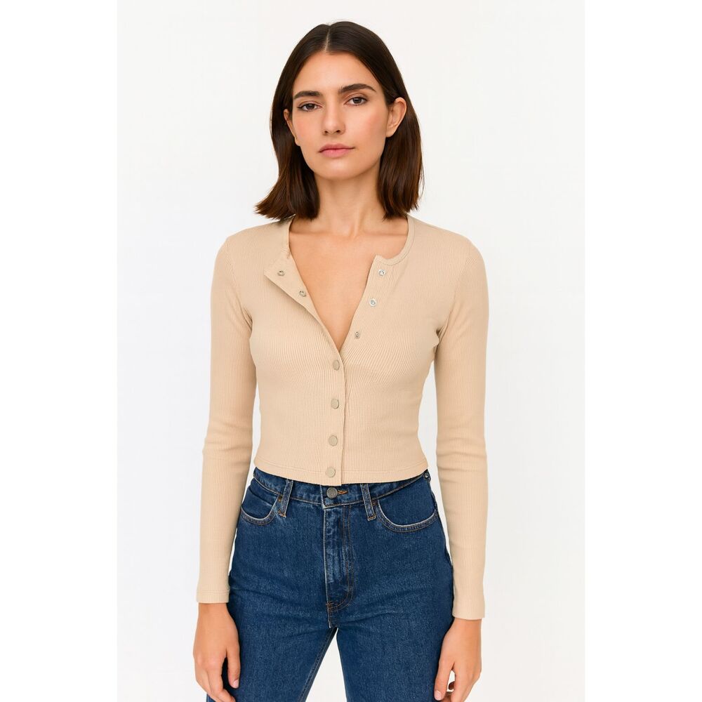 OUTDOOR VOICES Ribbed Button Front Crop Top Oatmeal Small